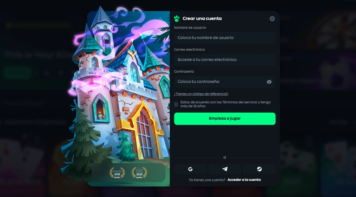 Formulario de registro para una nueva cuenta en Gamdom Casino
